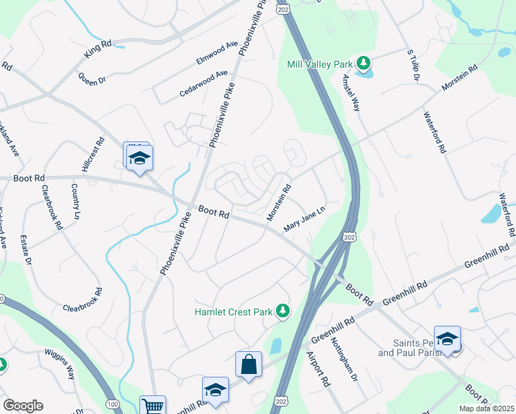 map of restaurants, bars, coffee shops, grocery stores, and more near 1212 Longford Drive in West Chester