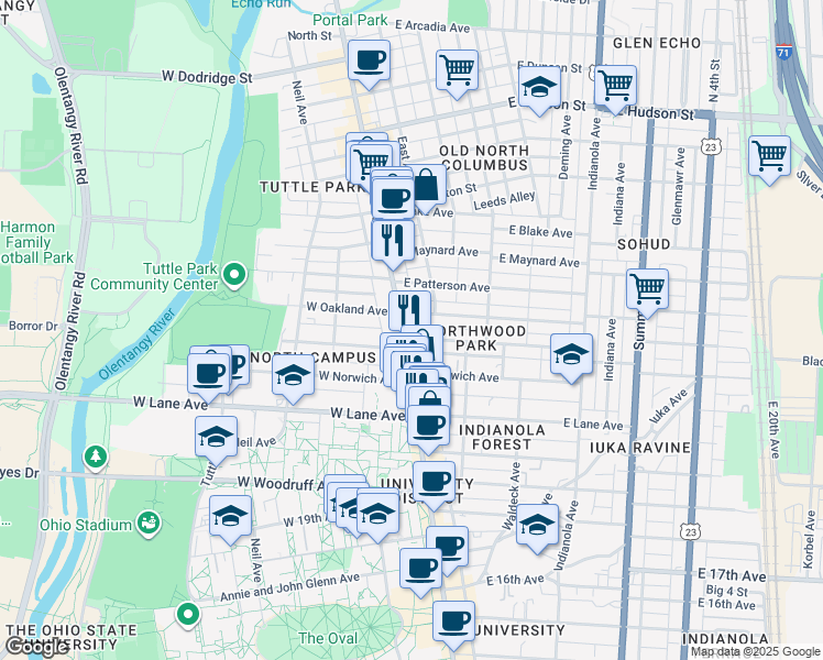 map of restaurants, bars, coffee shops, grocery stores, and more near 2268 North High Street in Columbus