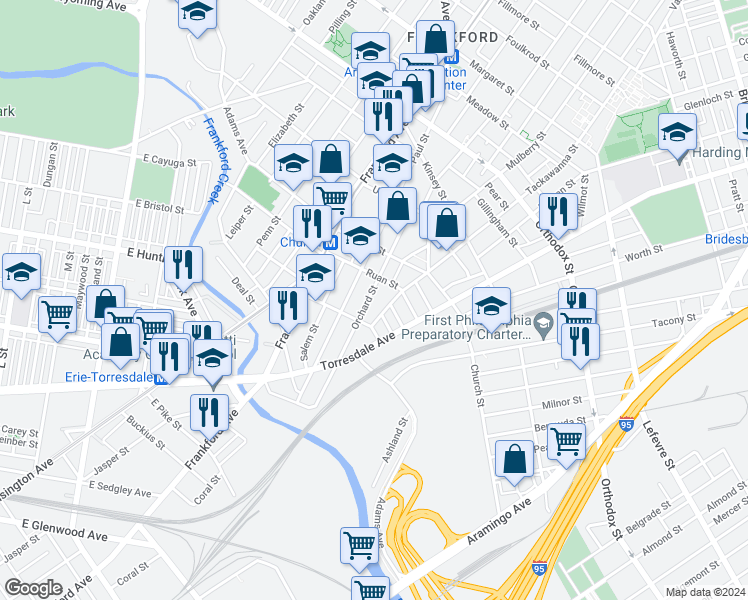 map of restaurants, bars, coffee shops, grocery stores, and more near 4235 Orchard Street in Philadelphia
