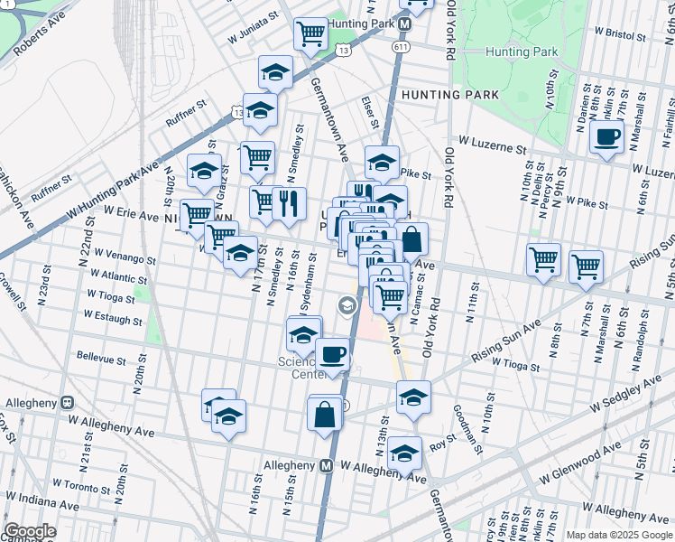 map of restaurants, bars, coffee shops, grocery stores, and more near 1447 West Venango Street in Philadelphia
