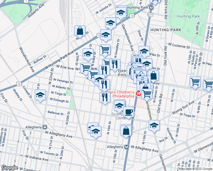 map of restaurants, bars, coffee shops, grocery stores, and more near 1644 West Victoria Street in Philadelphia