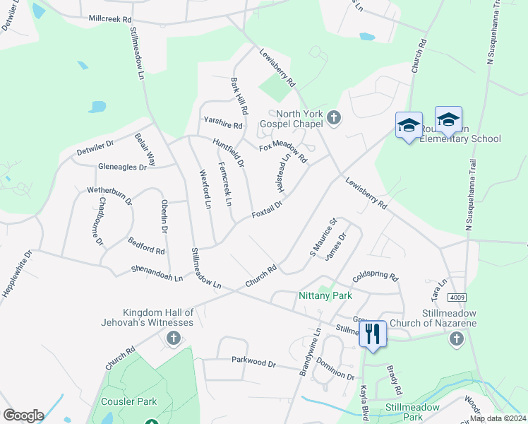 map of restaurants, bars, coffee shops, grocery stores, and more near 723 Foxtail Drive in York
