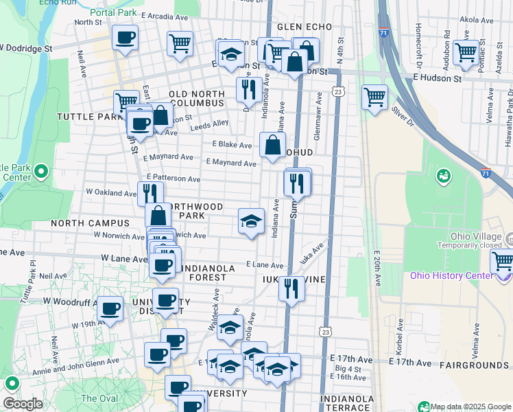 map of restaurants, bars, coffee shops, grocery stores, and more near 2196 Indianola Avenue in Columbus