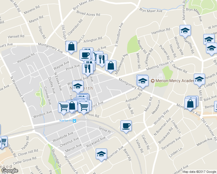 map of restaurants, bars, coffee shops, grocery stores, and more near 1 Shirley Circle in Narberth