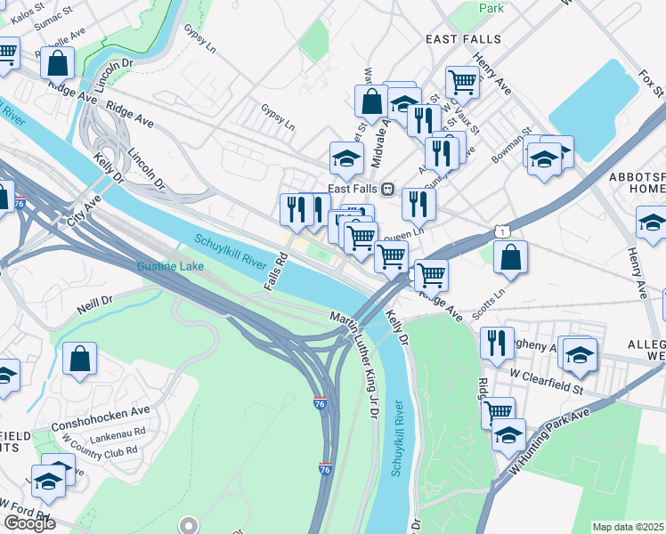 map of restaurants, bars, coffee shops, grocery stores, and more near East River Drive in Philadelphia