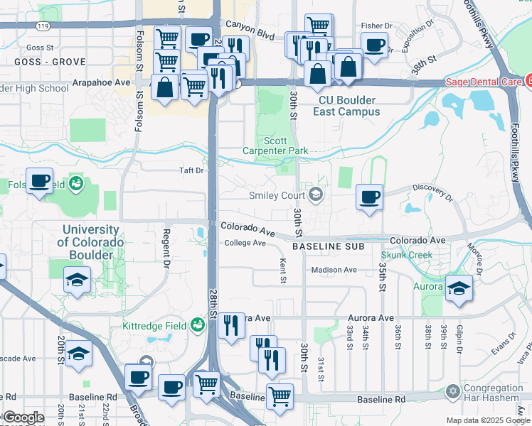 map of restaurants, bars, coffee shops, grocery stores, and more near 3010 Pennsylvania Avenue in Boulder