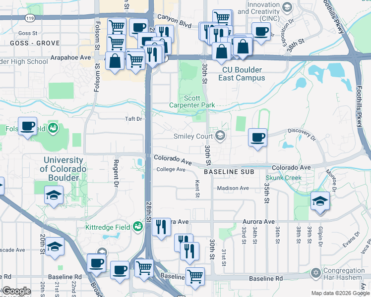 map of restaurants, bars, coffee shops, grocery stores, and more near 3010 Pennsylvania Avenue in Boulder