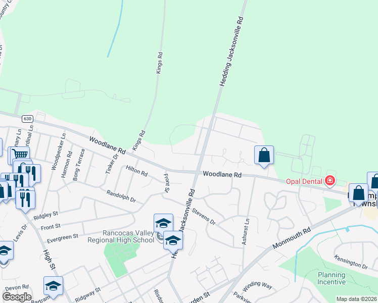 map of restaurants, bars, coffee shops, grocery stores, and more near 704 Hedding Jacksonville Road in Westampton