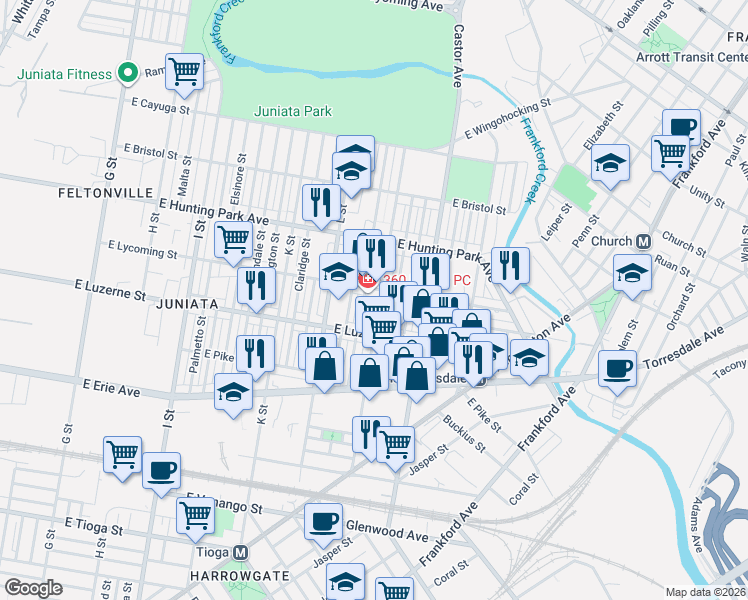 map of restaurants, bars, coffee shops, grocery stores, and more near 4025 M Street in Philadelphia