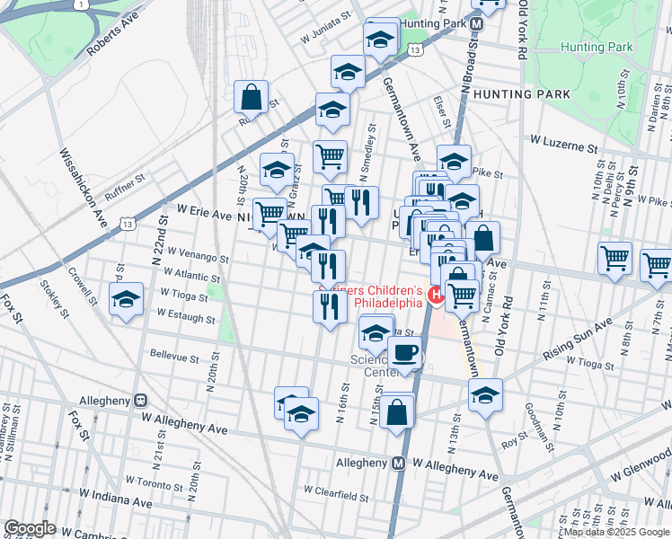 map of restaurants, bars, coffee shops, grocery stores, and more near 1630 West Venango Street in Philadelphia