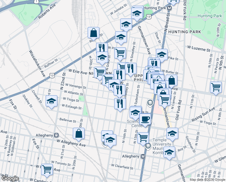 map of restaurants, bars, coffee shops, grocery stores, and more near 1722 West Venango Street in Philadelphia