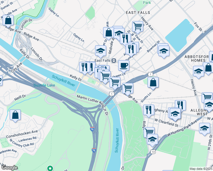 map of restaurants, bars, coffee shops, grocery stores, and more near 4152 Ridge Avenue in Philadelphia