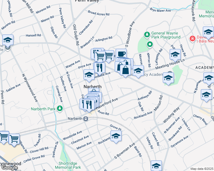 map of restaurants, bars, coffee shops, grocery stores, and more near 225 Iona Avenue in Narberth