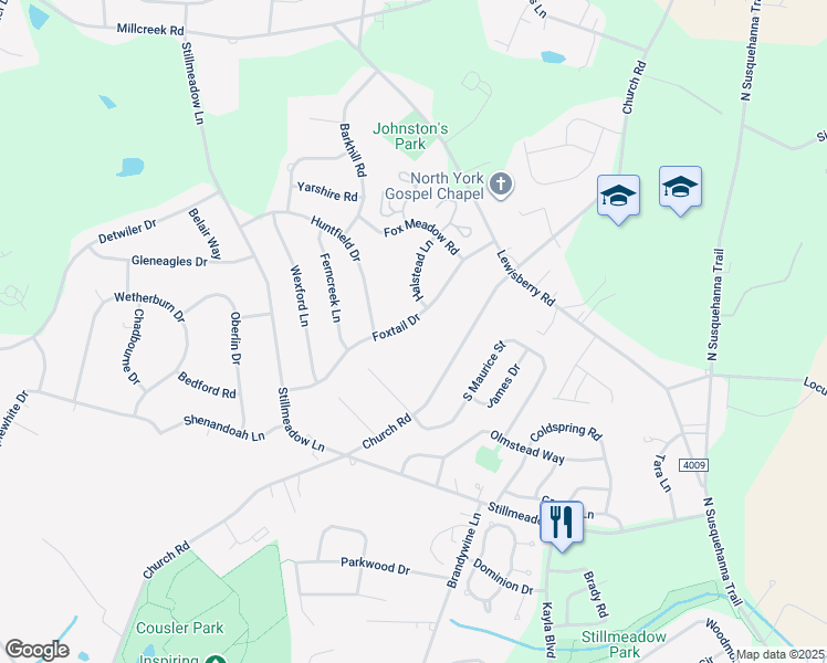 map of restaurants, bars, coffee shops, grocery stores, and more near 680 Foxtail Drive in York