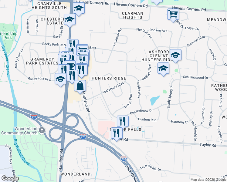 map of restaurants, bars, coffee shops, grocery stores, and more near 610 Codrington Circle in Columbus