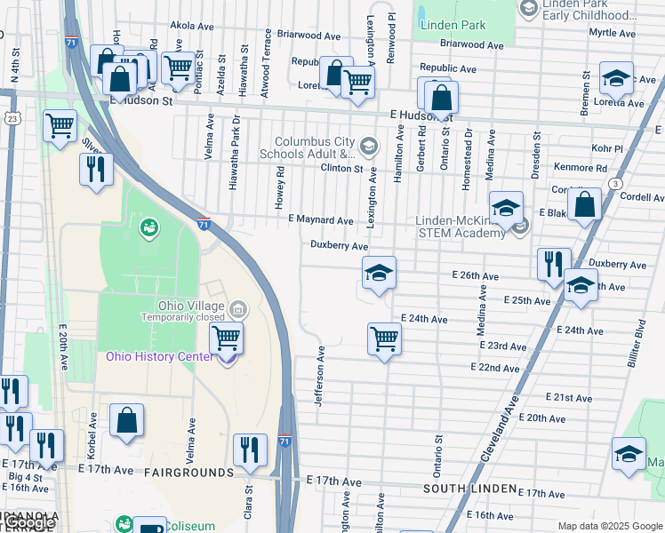 map of restaurants, bars, coffee shops, grocery stores, and more near 975 East 26th Avenue in Columbus