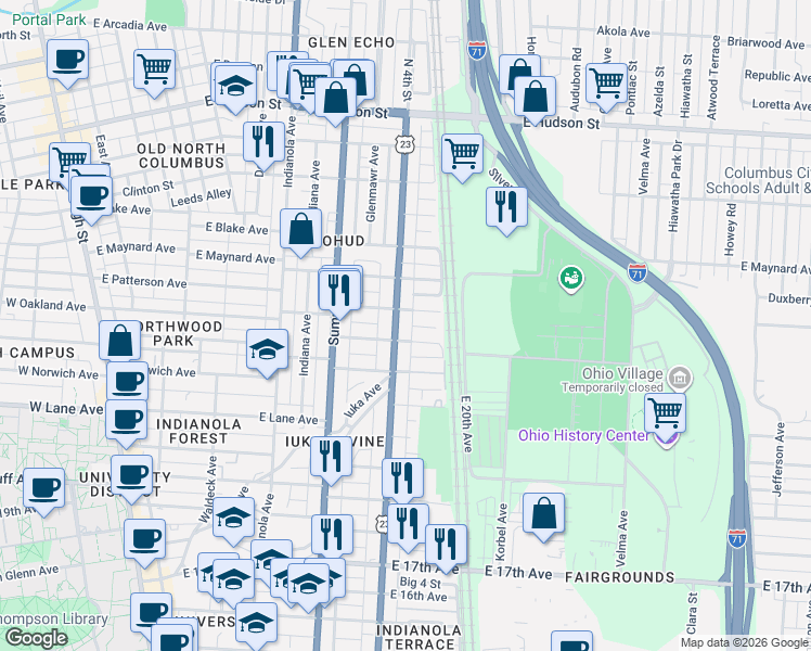 map of restaurants, bars, coffee shops, grocery stores, and more near in Columbus