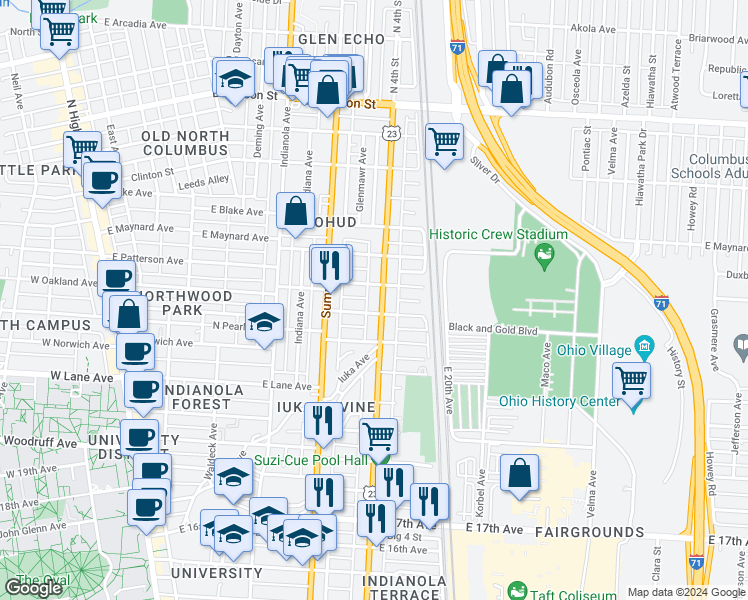 map of restaurants, bars, coffee shops, grocery stores, and more near in Columbus
