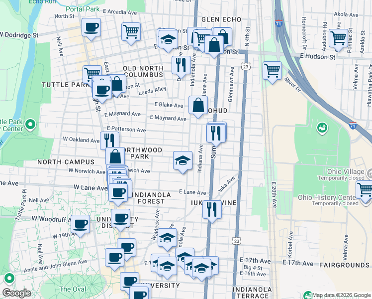 map of restaurants, bars, coffee shops, grocery stores, and more near in Columbus