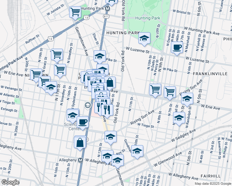 map of restaurants, bars, coffee shops, grocery stores, and more near 1214 West Erie Avenue in Philadelphia