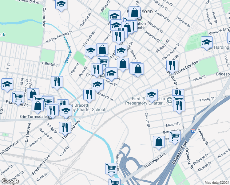 map of restaurants, bars, coffee shops, grocery stores, and more near 4235 Orchard Street in Philadelphia