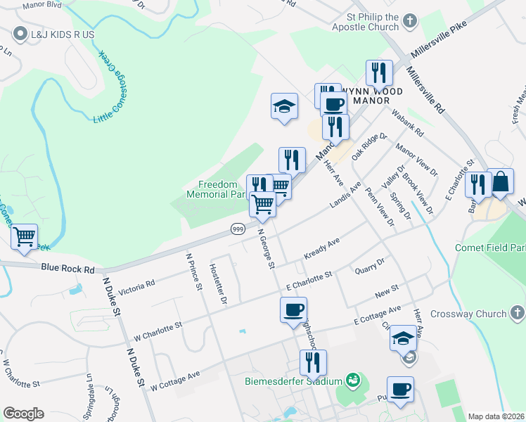 map of restaurants, bars, coffee shops, grocery stores, and more near 11 Manor Avenue in Millersville