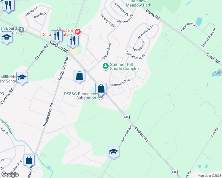 map of restaurants, bars, coffee shops, grocery stores, and more near 2 Snowberry Lane in Delran
