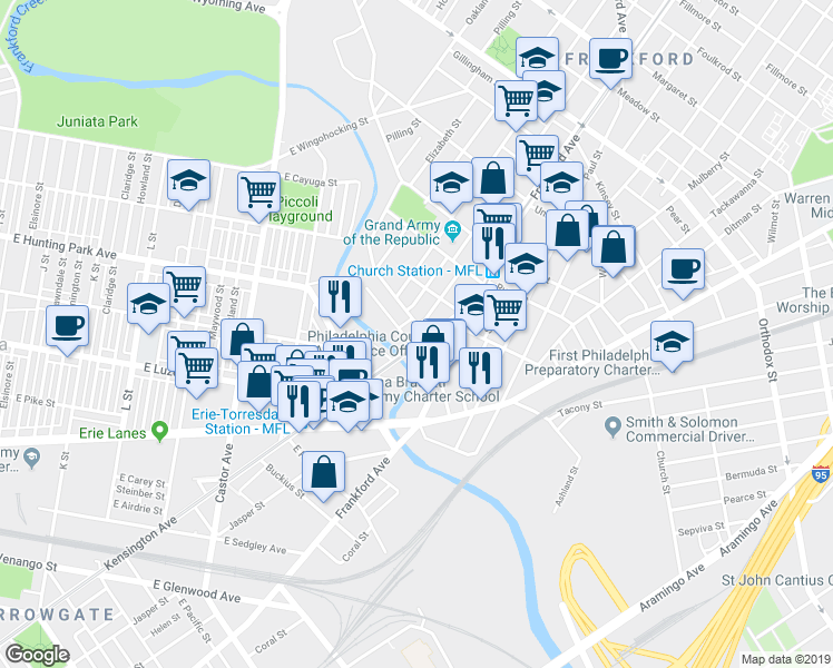 map of restaurants, bars, coffee shops, grocery stores, and more near 1544 Adams Avenue in Philadelphia