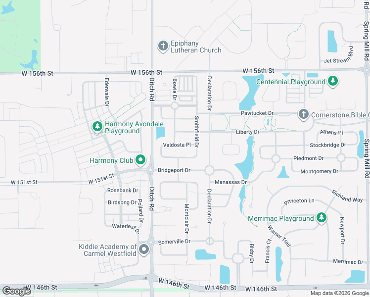 map of restaurants, bars, coffee shops, grocery stores, and more near 15201 Smithfield Drive in Westfield