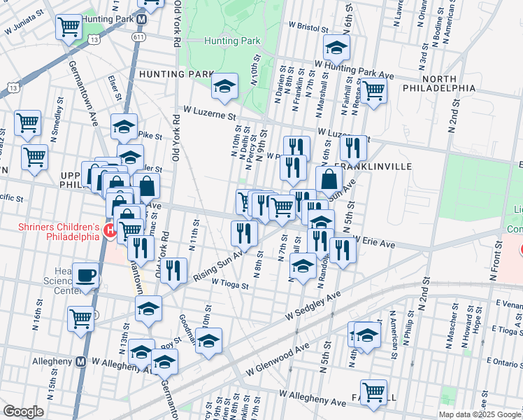 map of restaurants, bars, coffee shops, grocery stores, and more near 3719 North Darien Street in Philadelphia