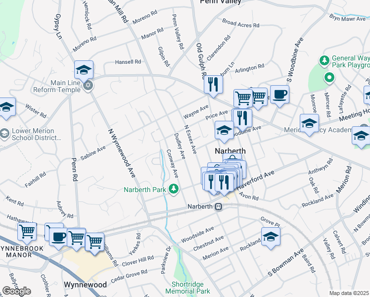 map of restaurants, bars, coffee shops, grocery stores, and more near 231 Dudley Avenue in Narberth