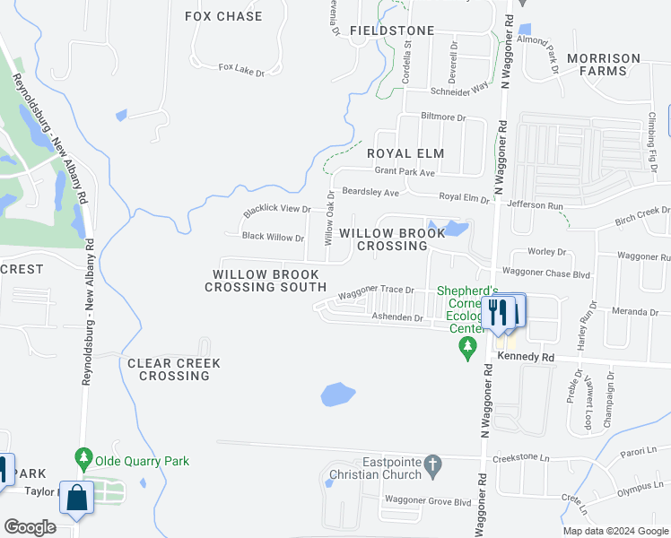 map of restaurants, bars, coffee shops, grocery stores, and more near 7985 Headwater Drive in Blacklick