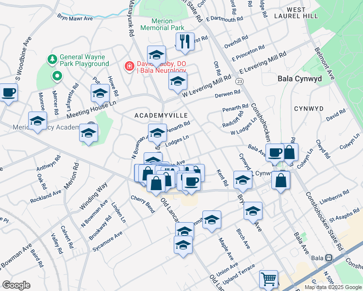 map of restaurants, bars, coffee shops, grocery stores, and more near 408 Pembroke Road in Bala Cynwyd