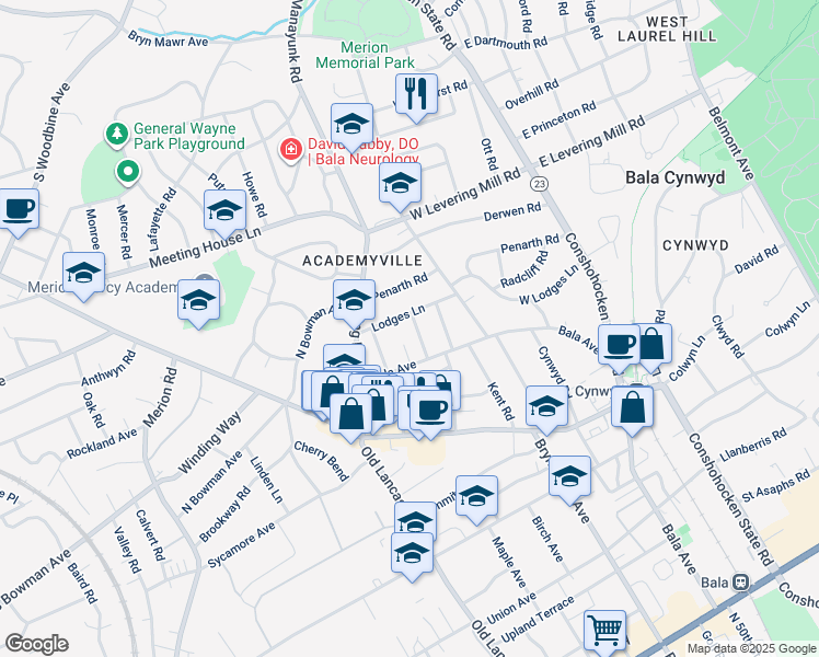 map of restaurants, bars, coffee shops, grocery stores, and more near 408 Pembroke Road in Bala Cynwyd