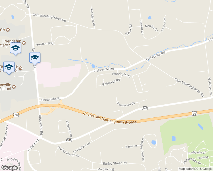 map of restaurants, bars, coffee shops, grocery stores, and more near 1444 Balmoral Road in Coatesville