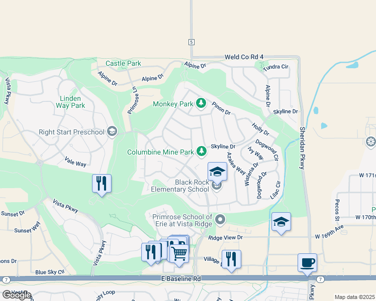 map of restaurants, bars, coffee shops, grocery stores, and more near 1926 Skyline Drive in Erie