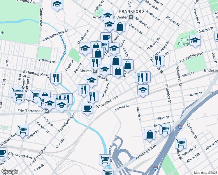 map of restaurants, bars, coffee shops, grocery stores, and more near 4239 Orchard Street in Philadelphia