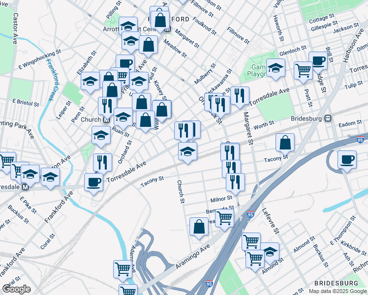 map of restaurants, bars, coffee shops, grocery stores, and more near 4323 Worth Street in Philadelphia