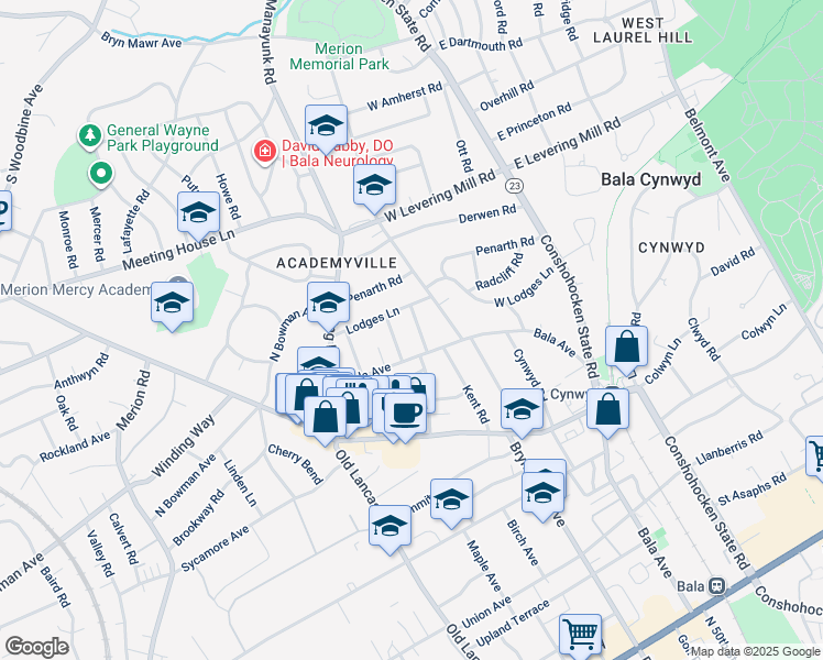 map of restaurants, bars, coffee shops, grocery stores, and more near 404 Kent Road in Bala Cynwyd