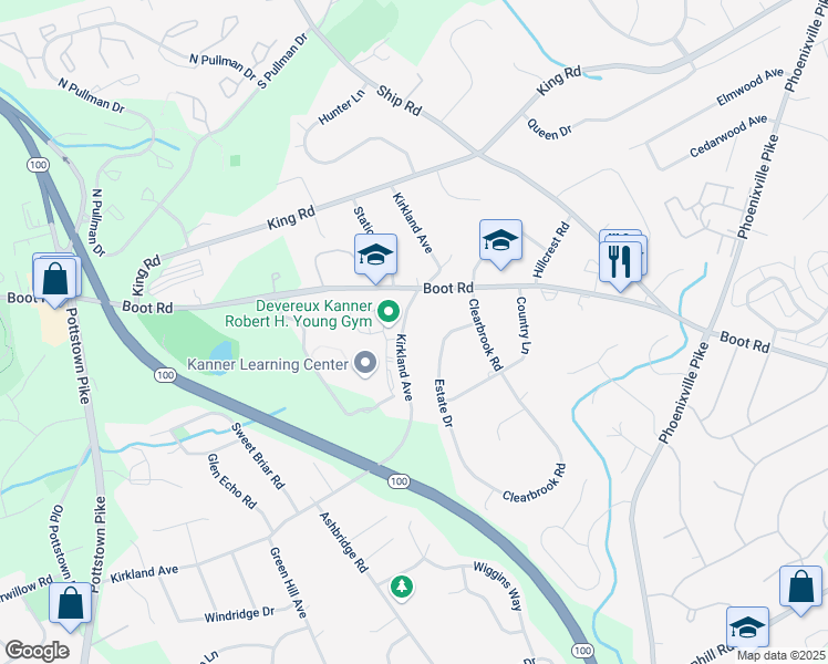 map of restaurants, bars, coffee shops, grocery stores, and more near 1287 Kirkland Avenue in West Chester