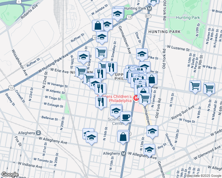 map of restaurants, bars, coffee shops, grocery stores, and more near 3610 North 16th Street in Philadelphia