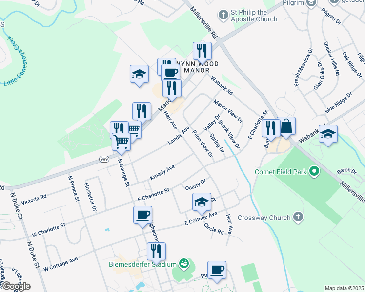 map of restaurants, bars, coffee shops, grocery stores, and more near 415 Herr Avenue in Millersville