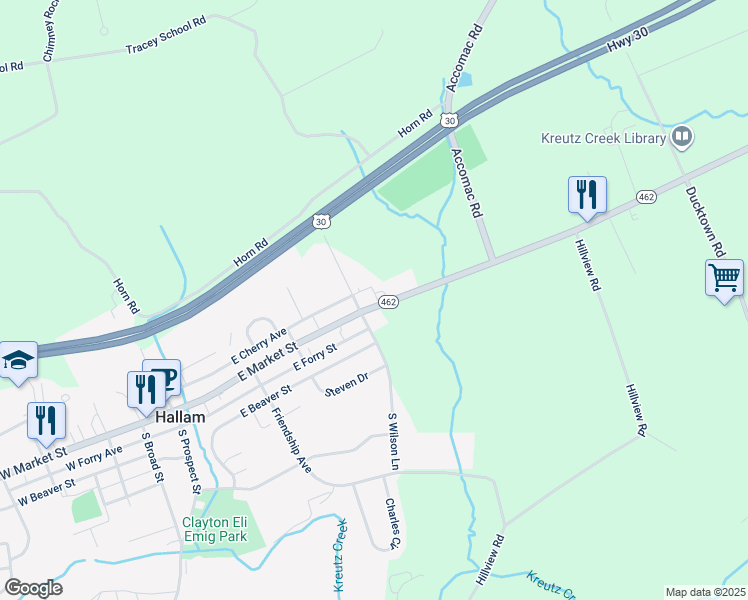 map of restaurants, bars, coffee shops, grocery stores, and more near 515 East Market Street in Hallam