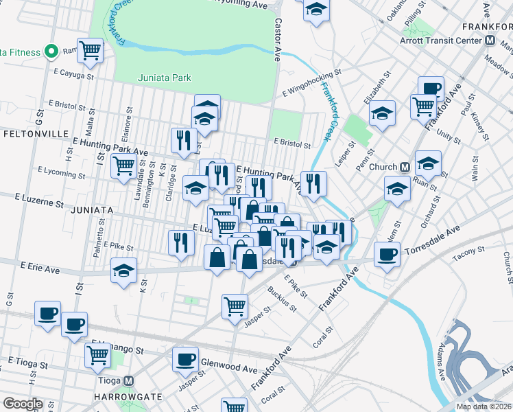 map of restaurants, bars, coffee shops, grocery stores, and more near Castor Ave & E Lycoming St in Philadelphia