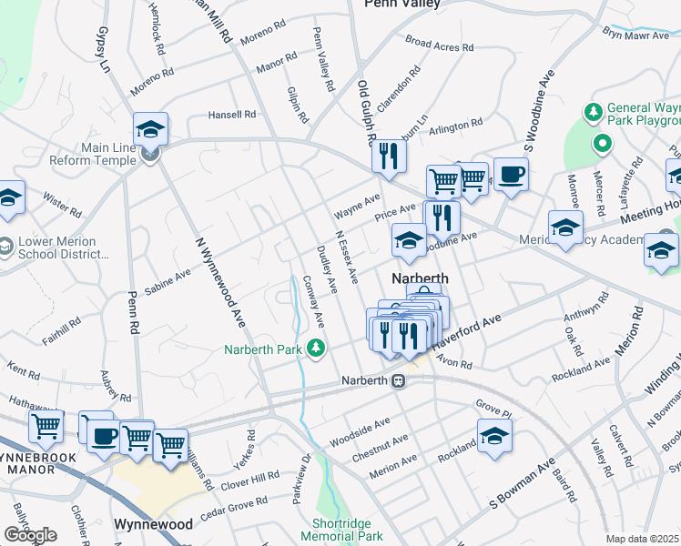 map of restaurants, bars, coffee shops, grocery stores, and more near 300 North Essex Avenue in Narberth