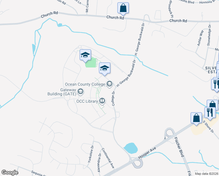 map of restaurants, bars, coffee shops, grocery stores, and more near 1 College Drive in Toms River