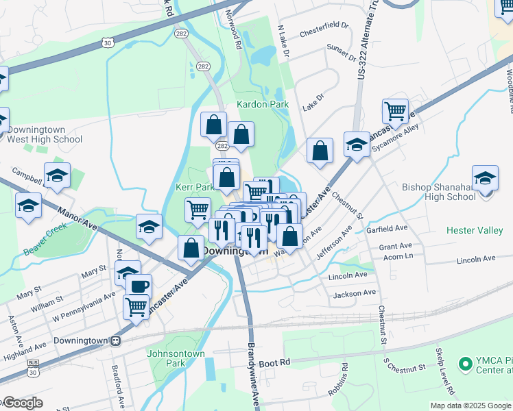 map of restaurants, bars, coffee shops, grocery stores, and more near 150 East Pennsylvania Avenue in Downingtown