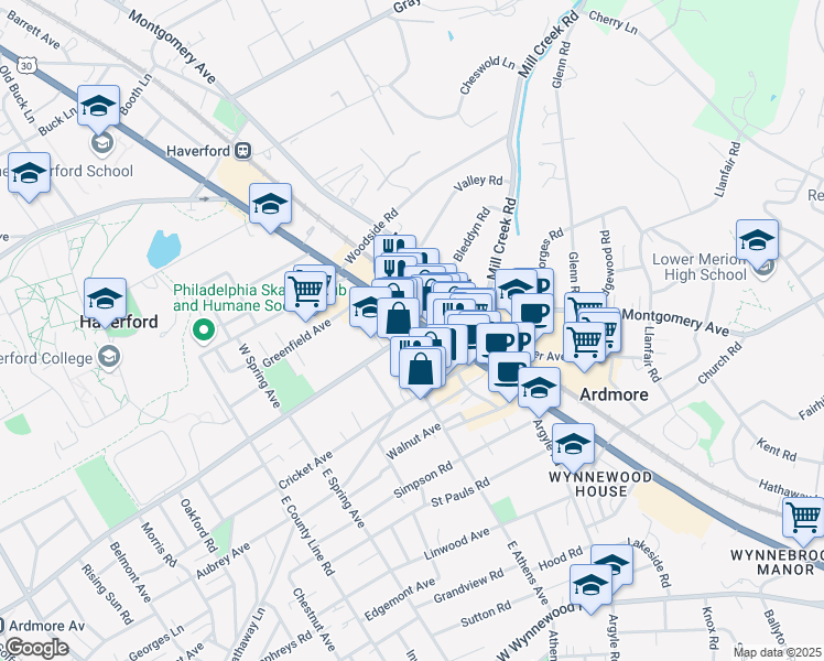map of restaurants, bars, coffee shops, grocery stores, and more near 62 Lancaster Avenue in Ardmore