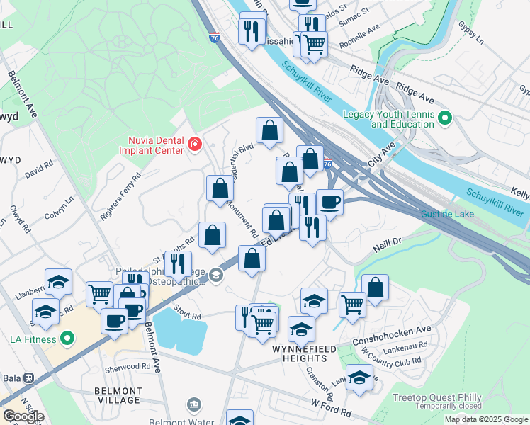 map of restaurants, bars, coffee shops, grocery stores, and more near 401 East City Avenue in Bala Cynwyd