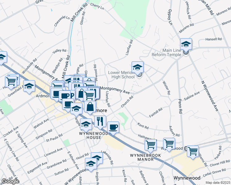 map of restaurants, bars, coffee shops, grocery stores, and more near 222 East Montgomery Avenue in Ardmore